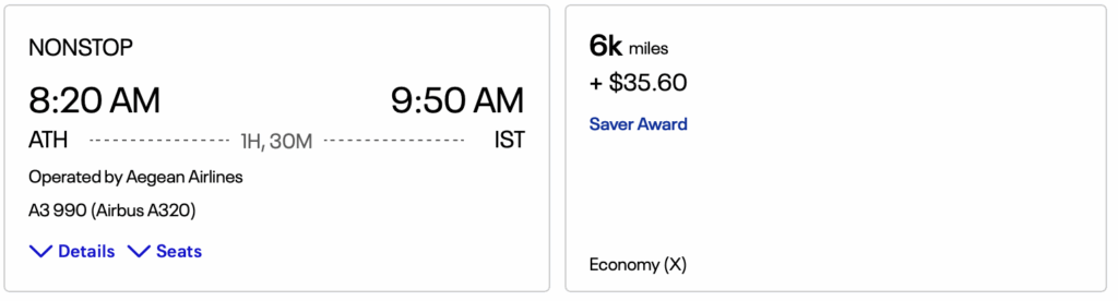 An Aegean Airlines award flight for 6,000 United miles and $35.60